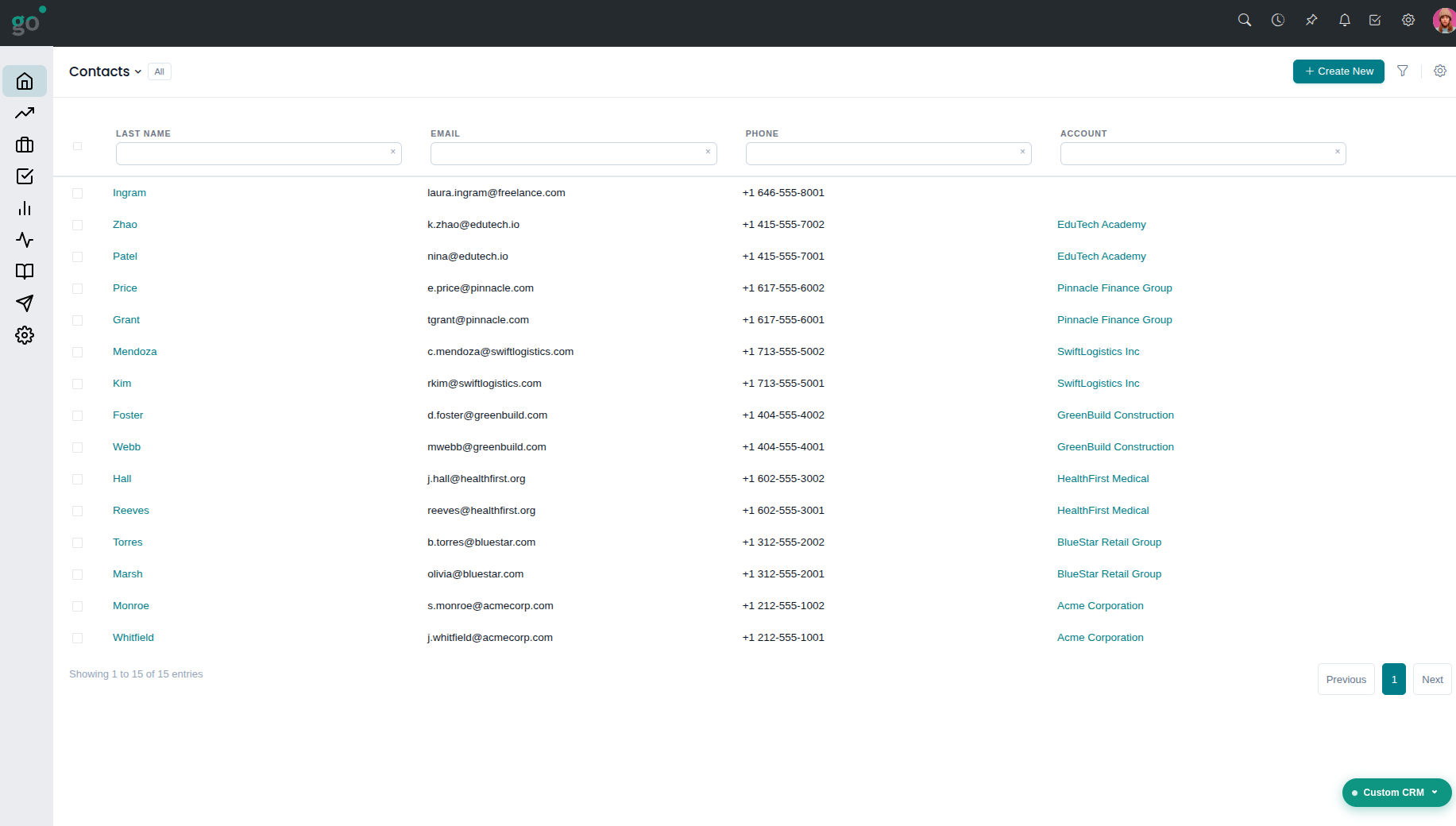 WebifyGO CRM contact list view